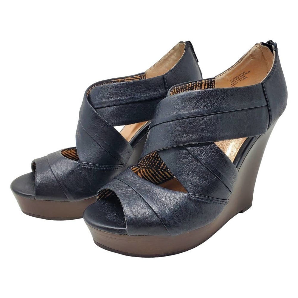 Seychelles Heritage Leather Black Risky Business Wedges Sandals Shoes Size 6.5